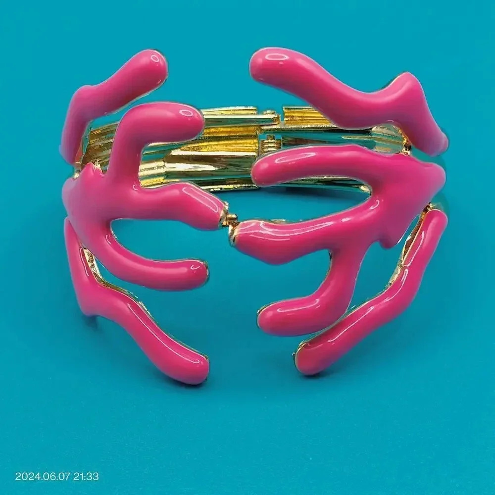Vibrant Pink Enamel Coral Cuff Bracelet with Gold Tone Base
